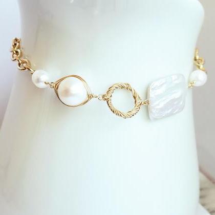 Keshi Cultured Pearl Wire Wrapped Gold Statement..