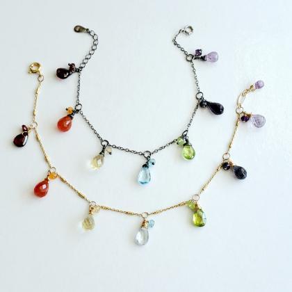 Hand Linked Rainbow Gemstone Teardrop Bracelet,..