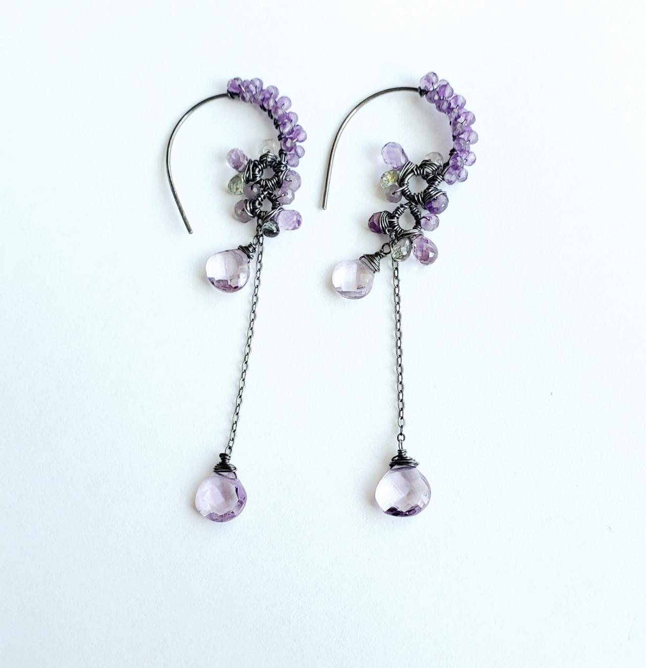 Sterling Silver Artisan Handmade Earrings, Gemstone Purple Wisteria Chandelier Hoop, Natural Gemstone Amethyst, Sapphire. Festival Jewelry