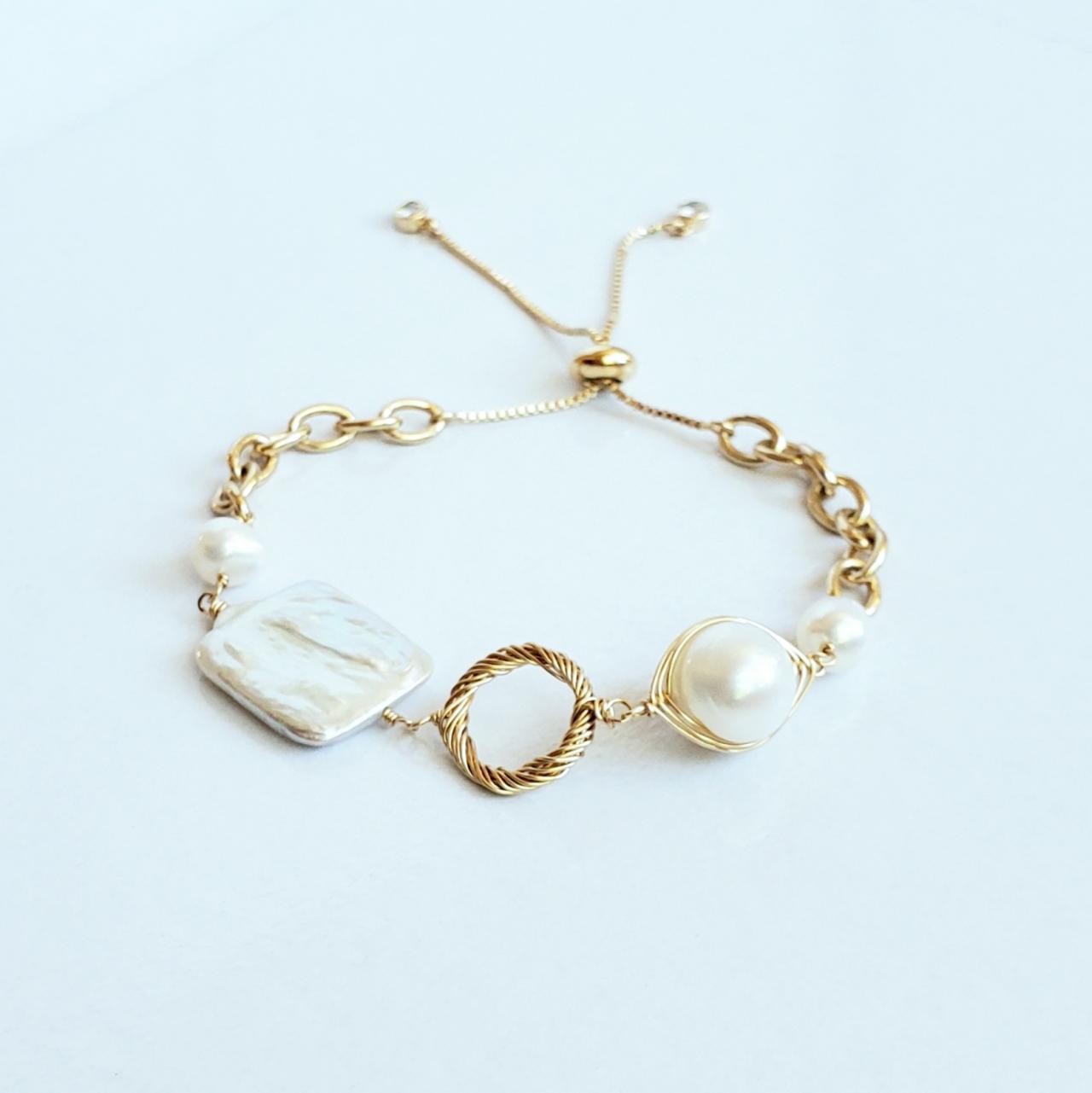 Keshi Cultured Pearl Wire Wrapped Gold Statement Bracelet, Adjustable Sliding Bolo Bracelet.