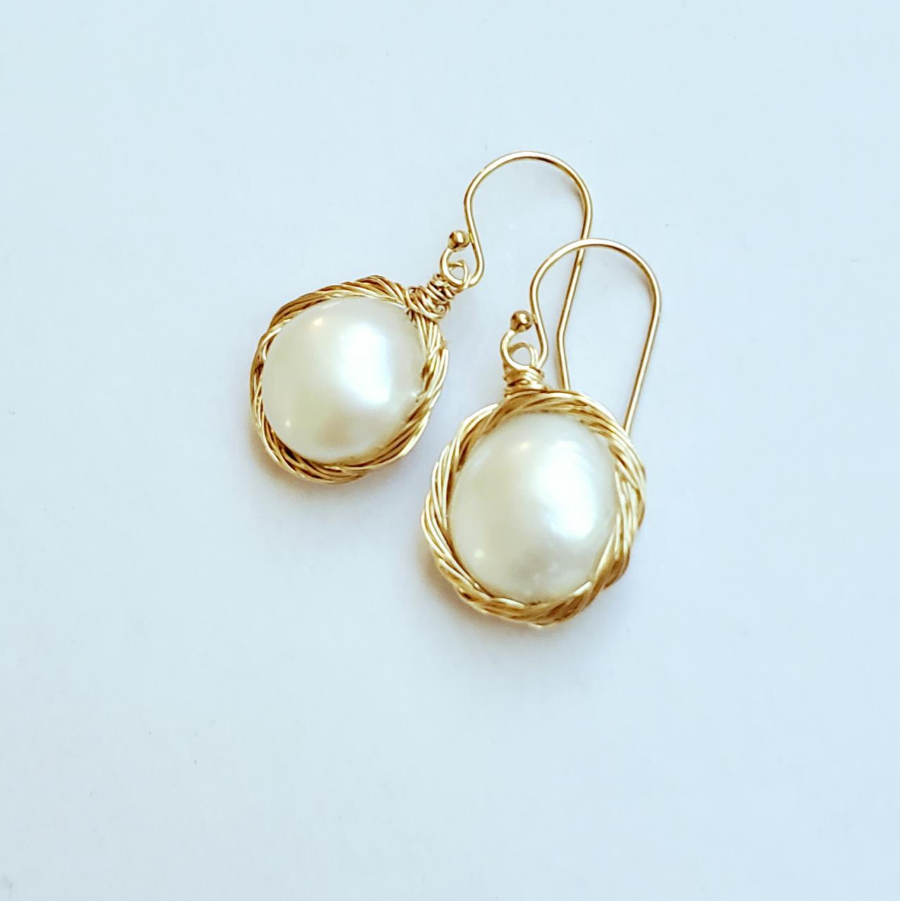 Bridal Ivory Pearl Earrings, Dainty Culture Baroque Pearl Earrings. 925 Sterling Silver Or 14k Gold Filled Wire Warpped.