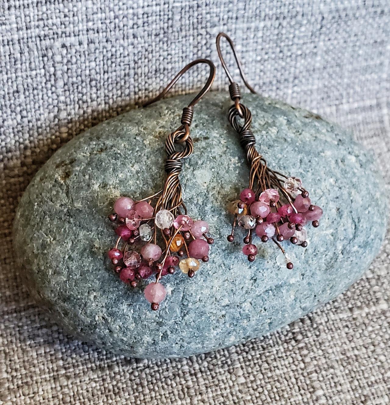 Flower Bouquet, Pink Rose Red Gemstone Cluster Earrings, Love Hippie Antique Copper Boho Chic, July Birthstone Earrings, Festival Jewelry