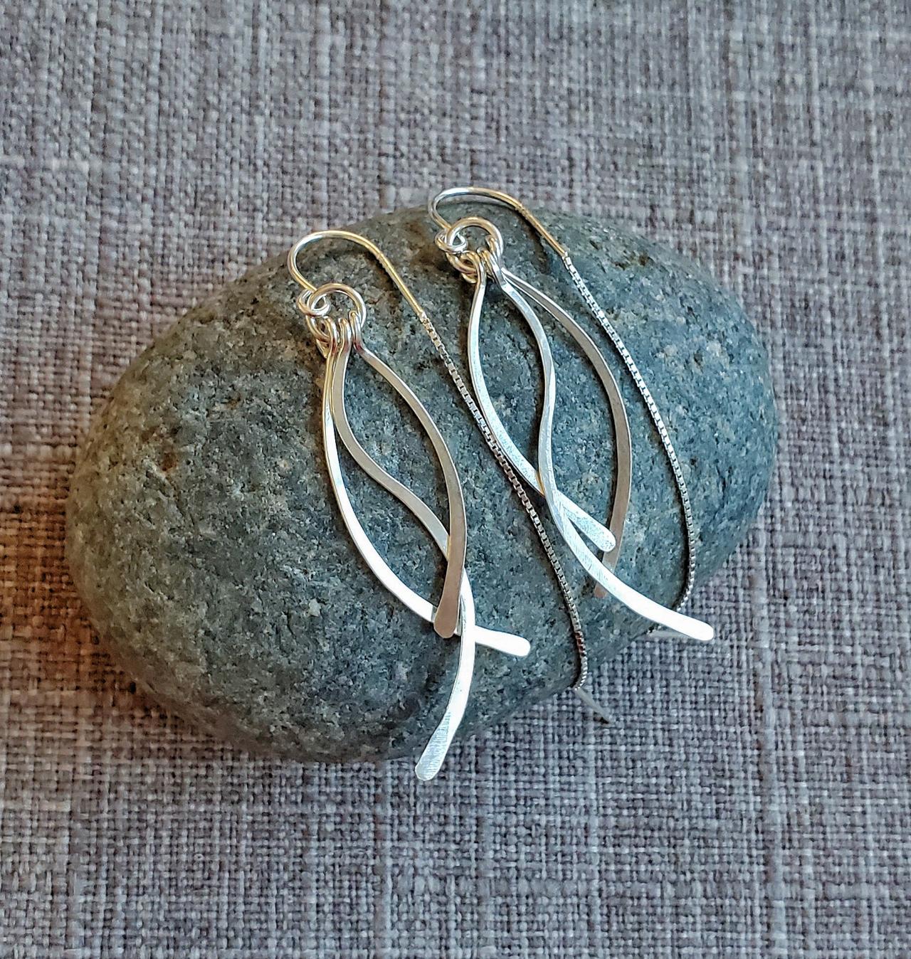 .925 Sterling Silver Hammered Wave Dangle Earrings, Unique Jewelry Minimalist Threader Though Earring Gift For Her