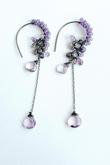Sterling silver artisan handmade earrings, gemstone purple wisteria chandelier hoop, natural gemstone amethyst, sapphire. Festival jewelry