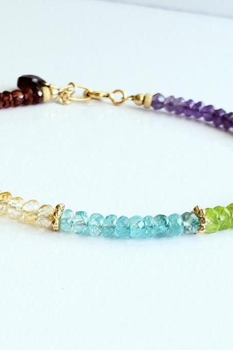 Beaded rainbow gemstone bracelet, Gold vermeil or .925 sterling silver dainty layered stackable bracelet, amethyst, iolite, peridot, apatite, garnet, citrine