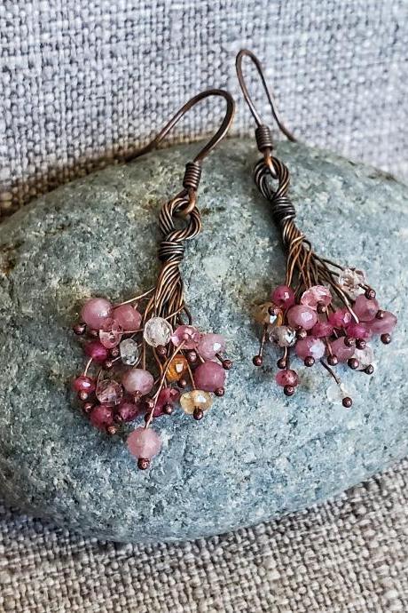Flower bouquet, Pink rose red gemstone cluster earrings, love hippie antique copper boho chic, july birthstone earrings, festival jewelry