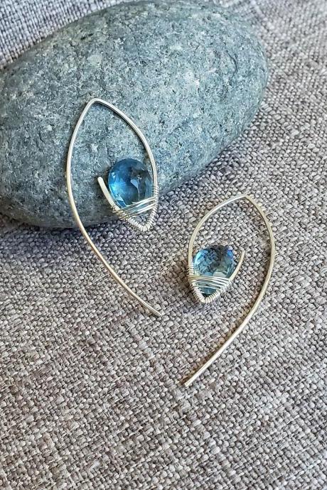 December Birthstone, Blue Topaz Quartz Earrings In Sterling Silver, Trendy Fashion Thread Though Open Hoops