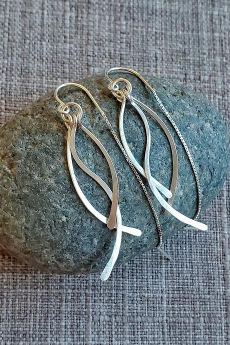.925 sterling silver hammered wave dangle earrings, unique jewelry minimalist threader though earring gift for her