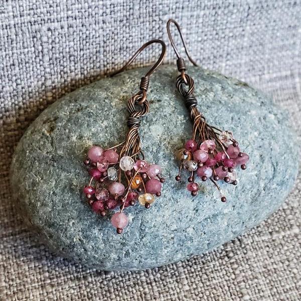 Flower bouquet, Pink rose red gemstone cluster earrings, love hippie antique copper boho chic, july birthstone earrings, festival jewelry