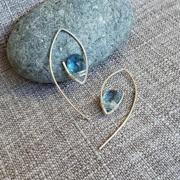 December birthstone, blue topaz quartz earrings in sterling silver, trendy fashion thread though open hoops